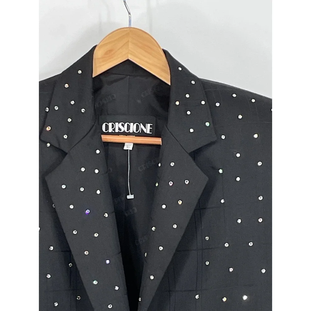 Criscione Women Blazer L Jacket Black Rhinestone Sparkle Grid Evening Dressy